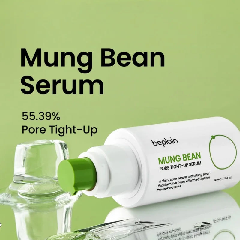 Mung Bean Serum bottle with green cap on a light green background