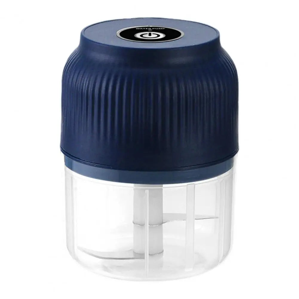 Blue handheld food chopper on a white background