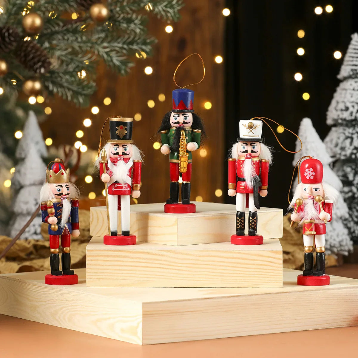 Wooden nutcracker figurines on a wooden stand with Christmas decorations in the background.