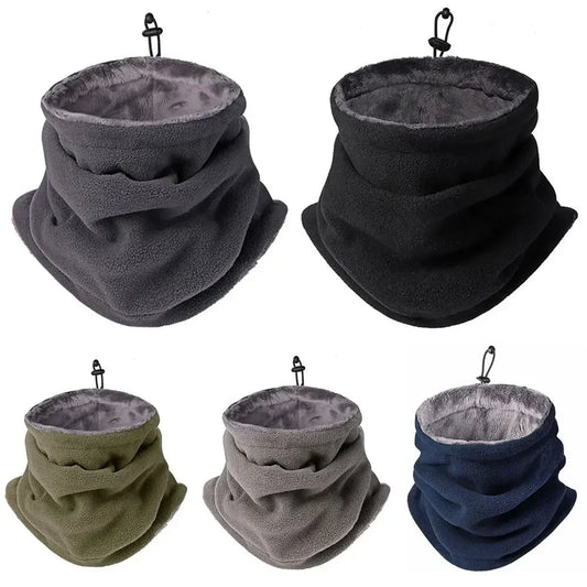 Set of five neck gaiters in gray, black, green, gray, and navy on a white background.