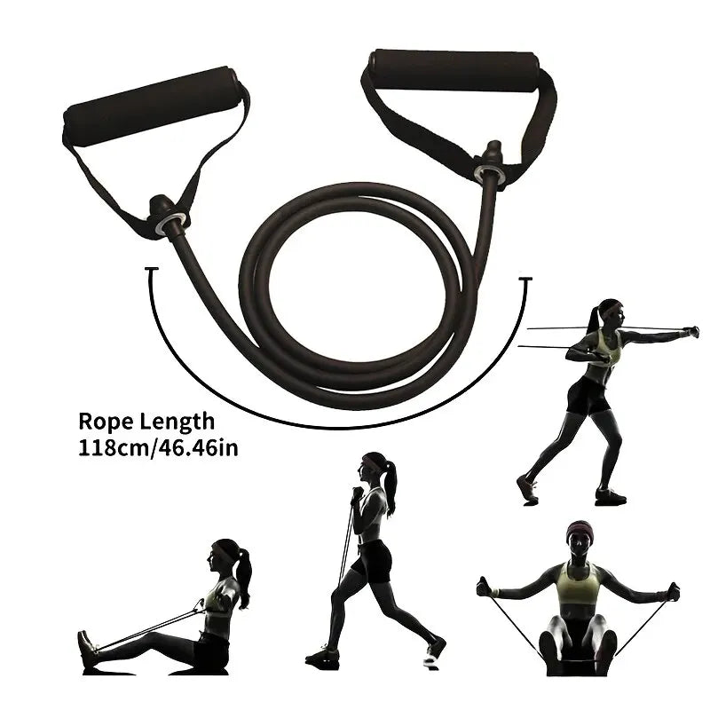 Resistance band with rope length measurement and usage illustrations on a white background
