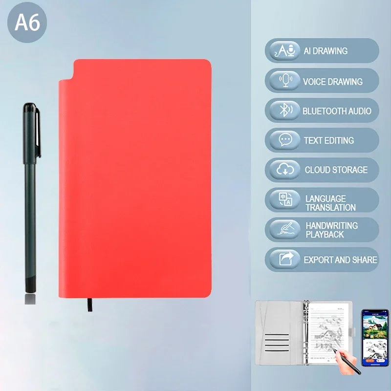 Red notebook with a pen on a light blue background, featuring app icons on the right.
