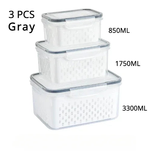 Three gray storage containers with varying capacities on a white background