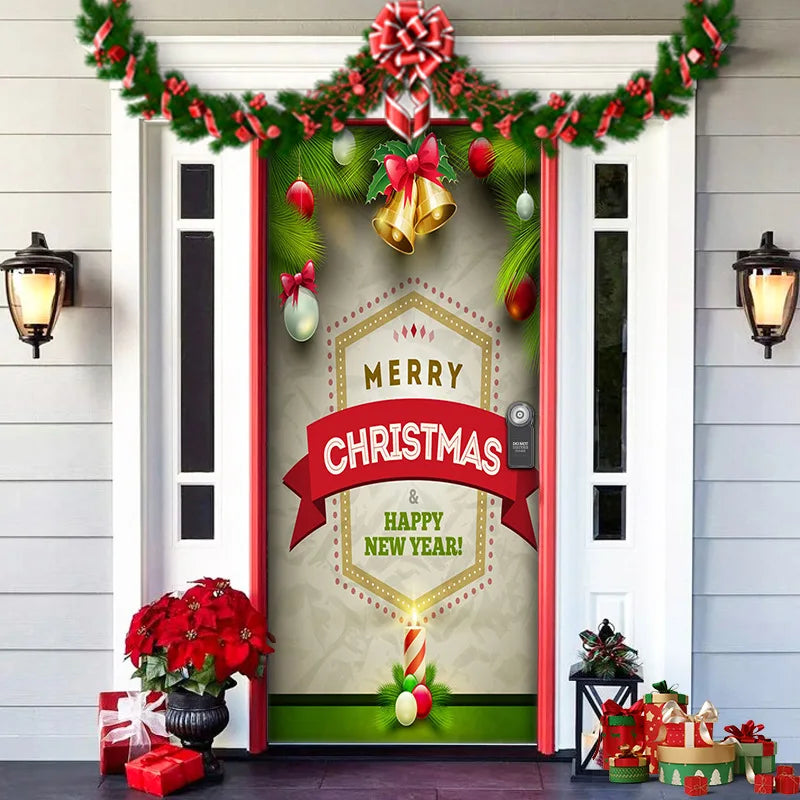 Decorated front door with Christmas decorations, including garlands, bows, and gift boxes.