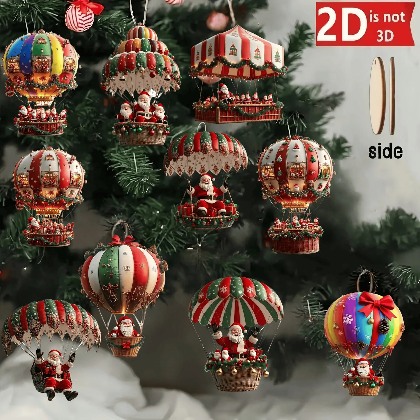 Decorative Christmas ornaments shaped like hot air balloons with Santa Claus on a tree.