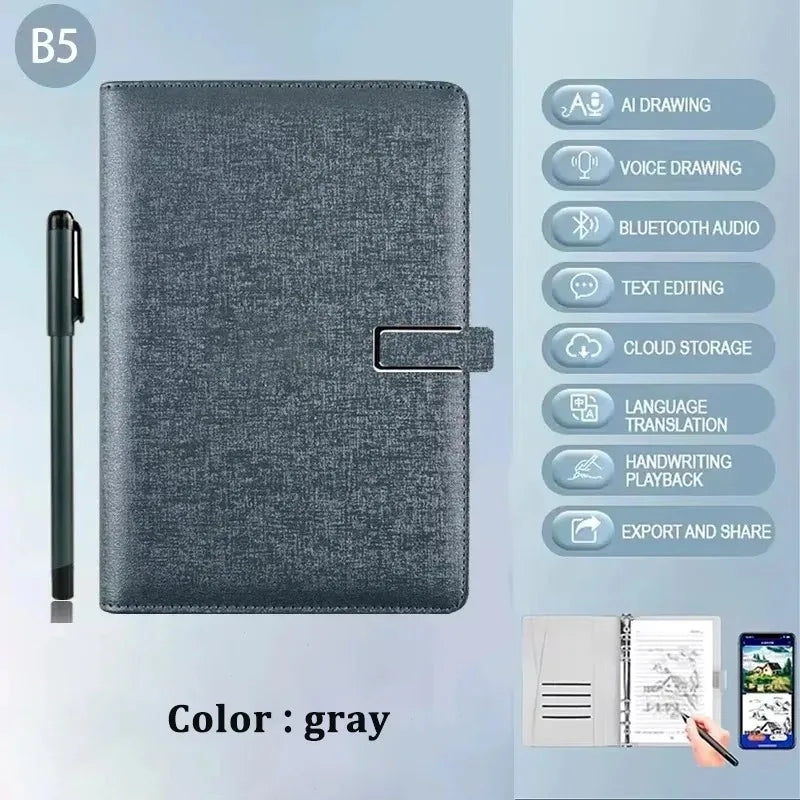 Gray notebook with pen on a light blue background with feature icons and text.