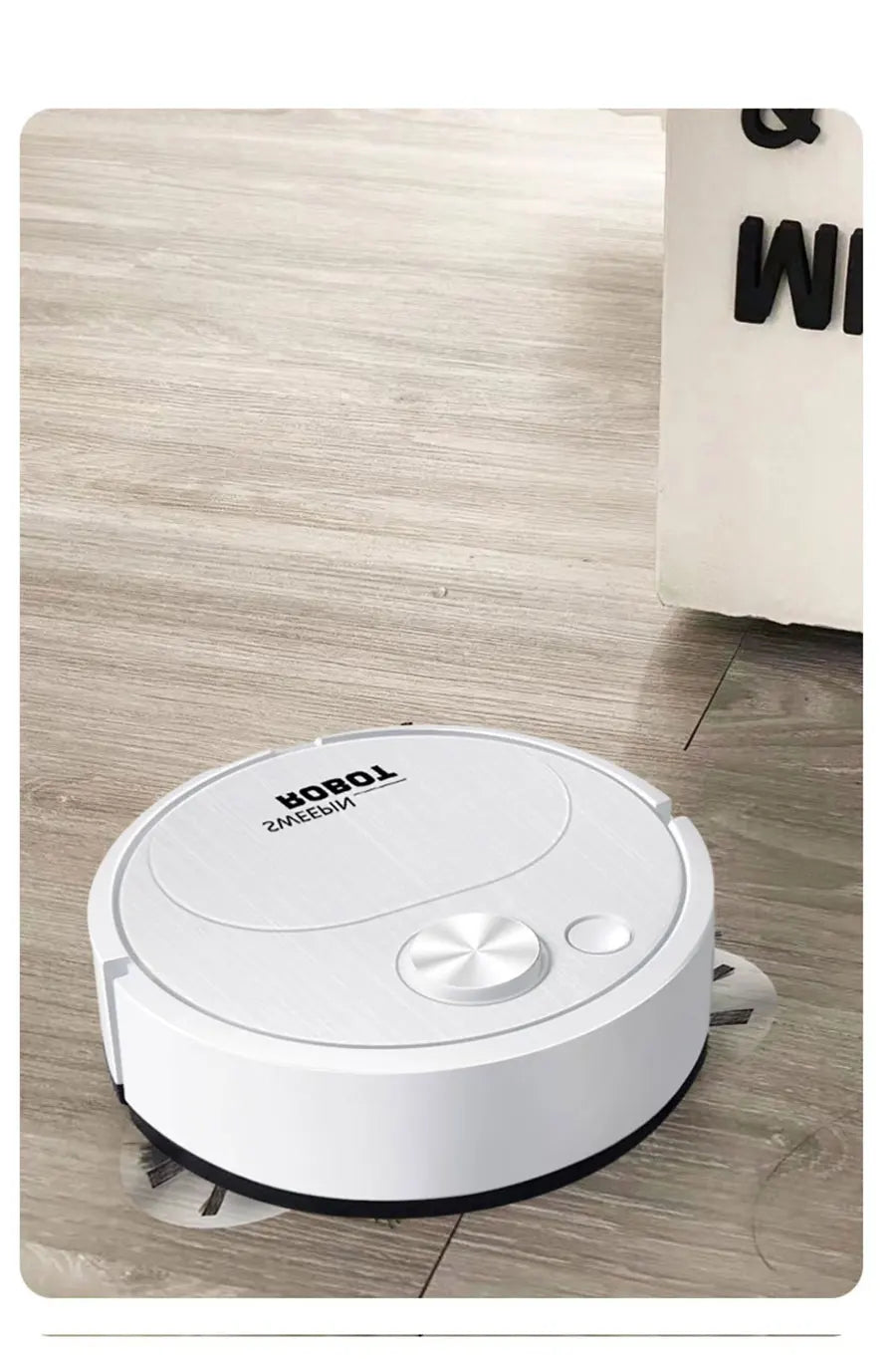 White robotic vacuum cleaner on a wooden floor