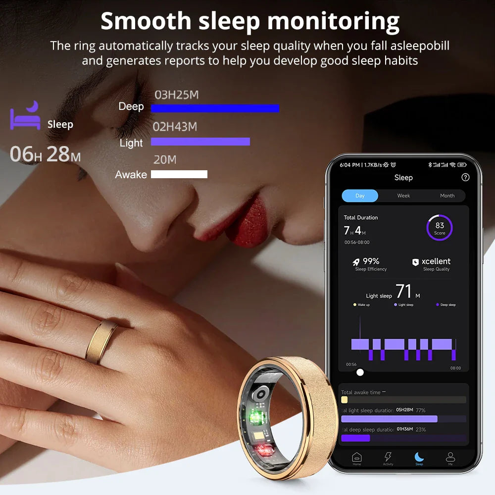 Smart ring and phone app for sleep monitoring with a woman sleeping in the background