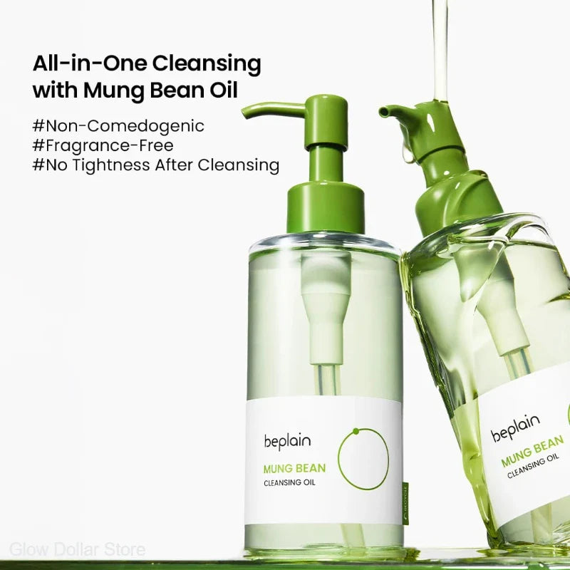 Two bottles of beplain Mung Bean Cleansing Oil with green pumps on a white background.