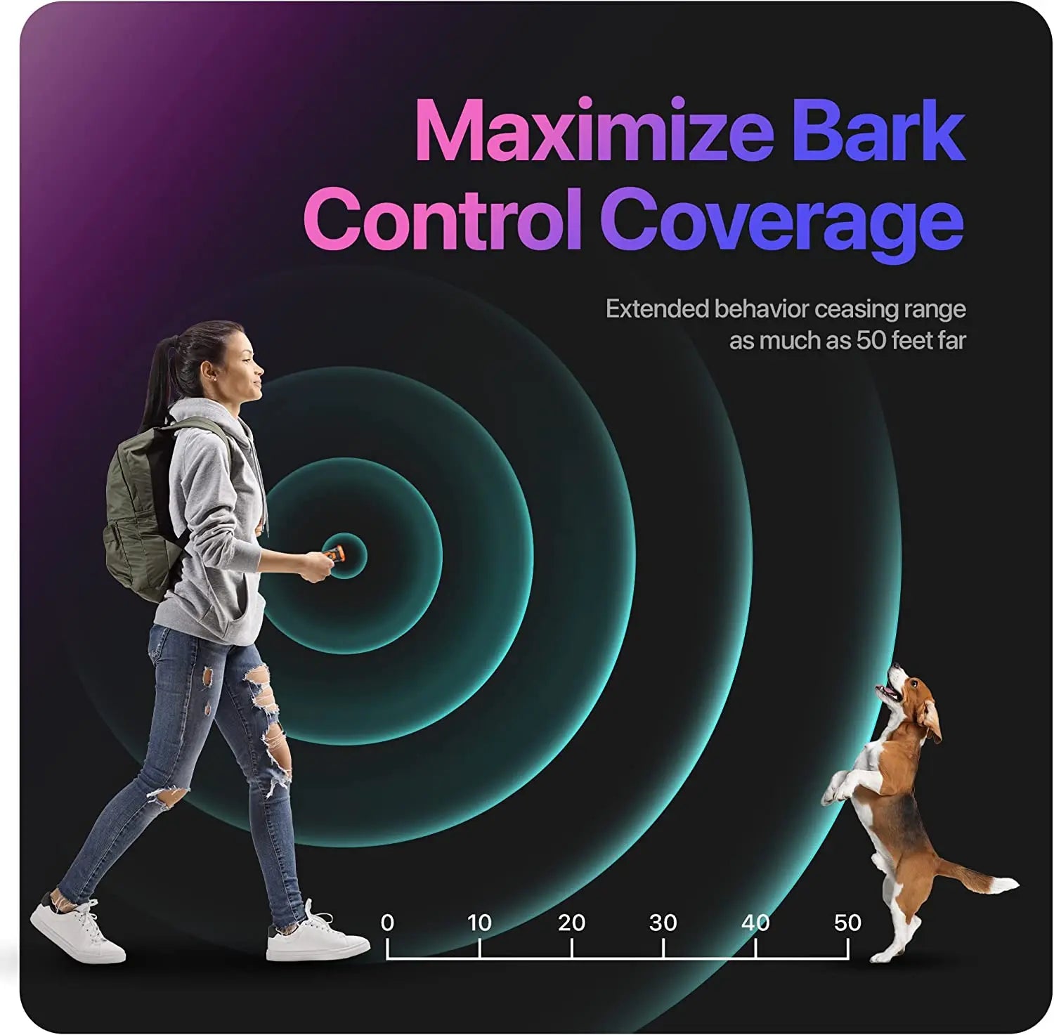 Person walking with a dog, demonstrating bark control coverage with concentric circles on a dark background.