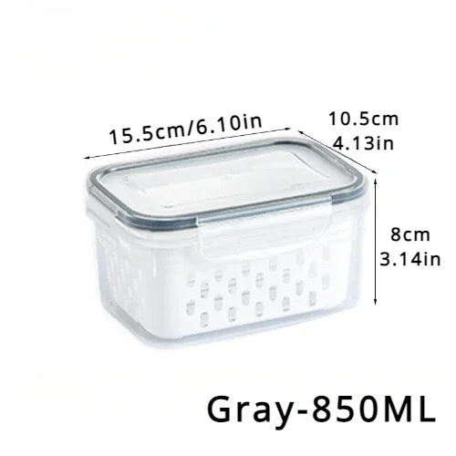 Gray food storage container with measurements on a white background