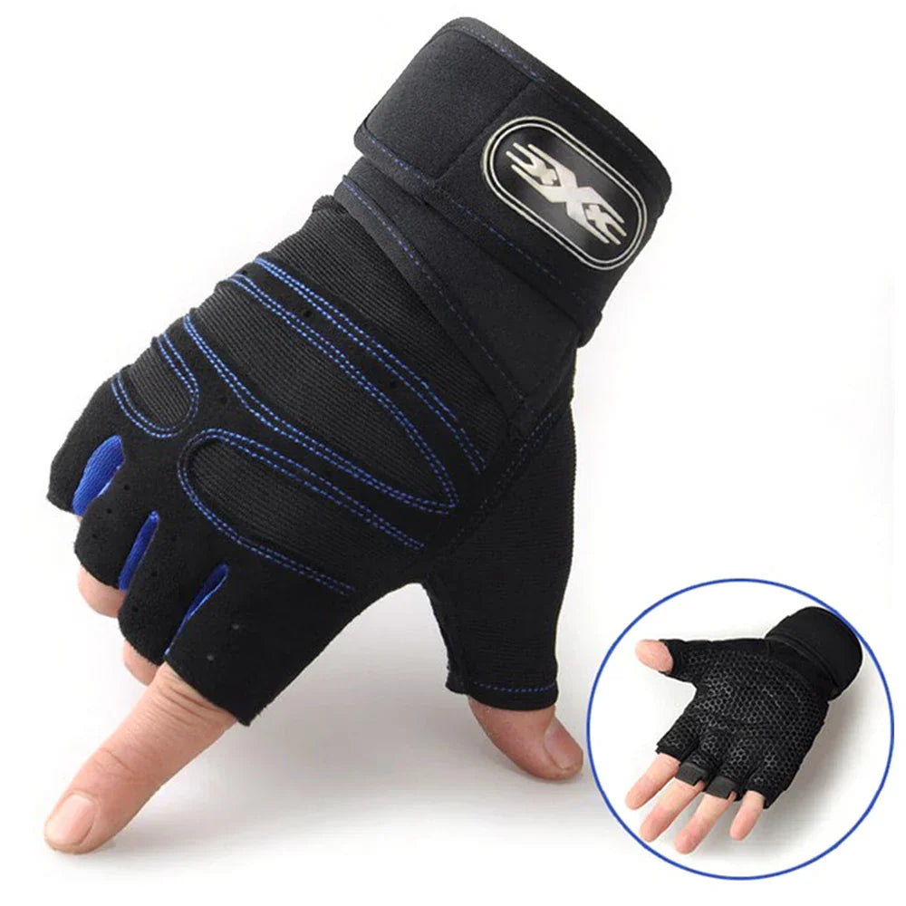 Black half-finger glove with blue accents on a white background