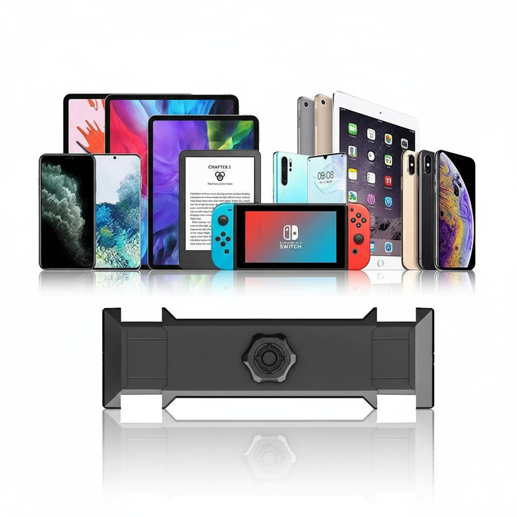 Phone and tablet holder with compatibility with various devices on a white background