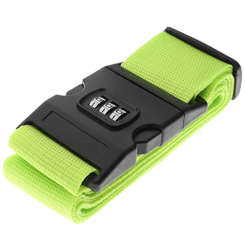 Green luggage strap with a black buckle on a white background