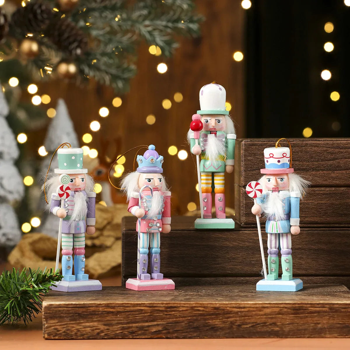 Four colorful nutcracker figurines on a wooden stand with festive lights in the background.