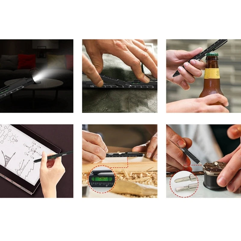 Collage of a pen being used in various scenarios on a white background