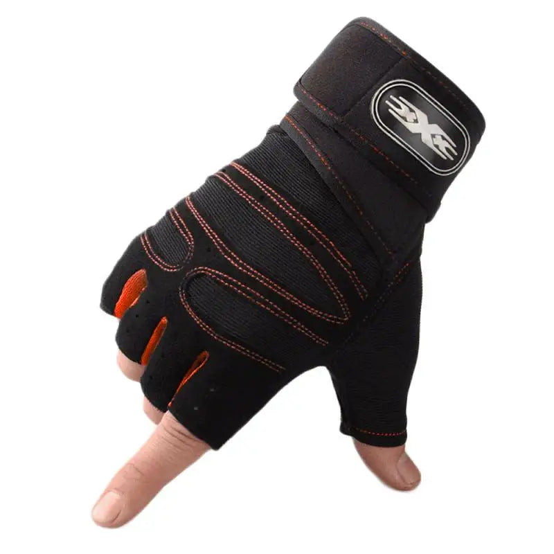 Black wrist support glove with orange accents on a white background