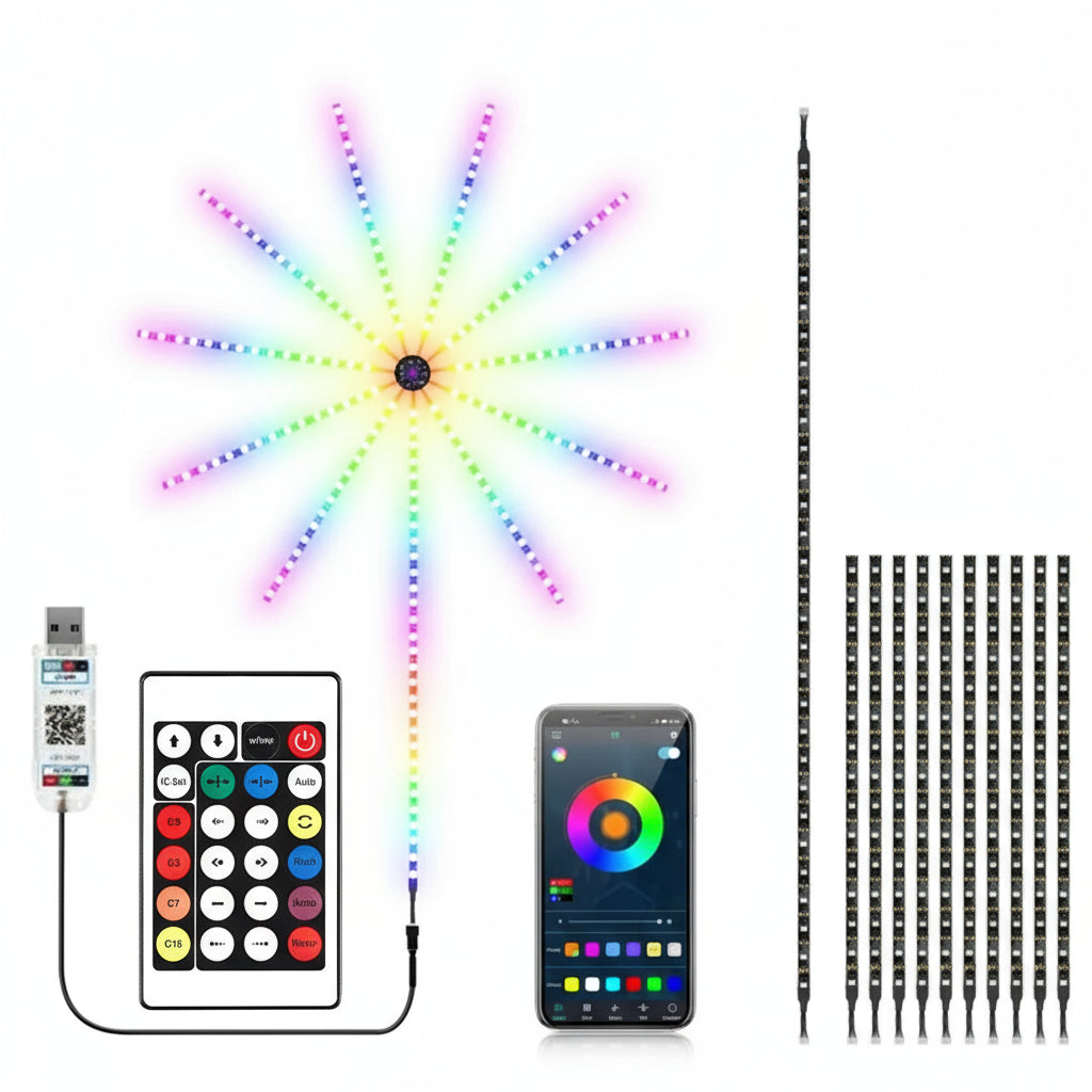 RGB LED strip lights with remote control, smartphone app, and USB cable on a white background.