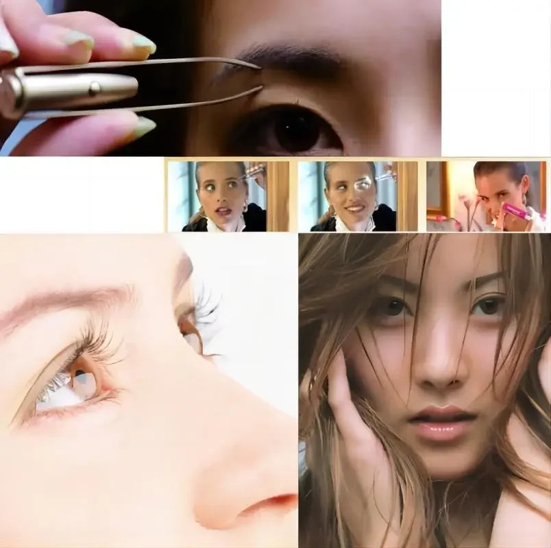 Collage of images showing a close-up of an eye, a beauty tool, and a woman with makeup.