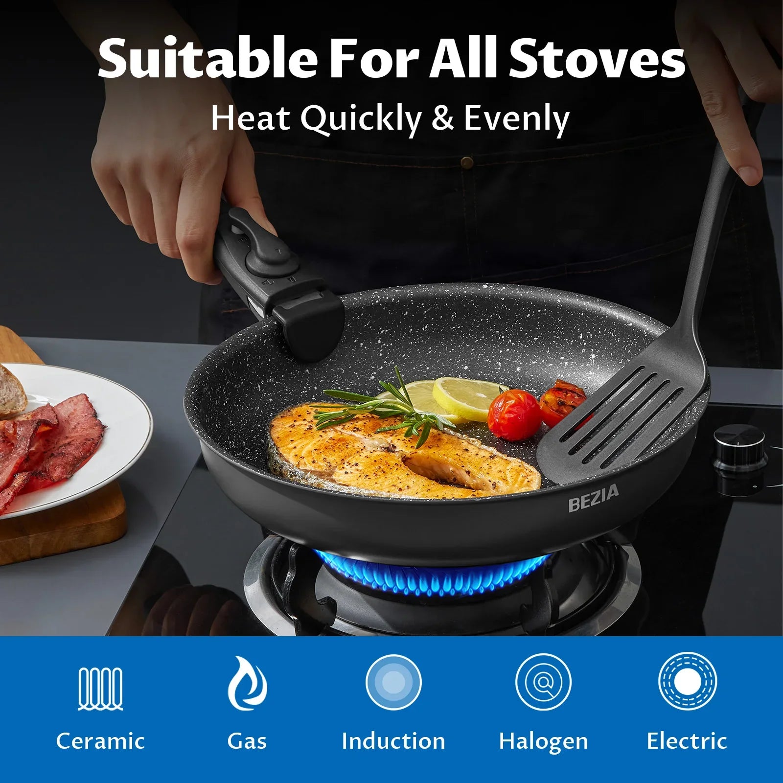 Frying pan with food on a stove, featuring BEZIA branding and text about stove compatibility.
