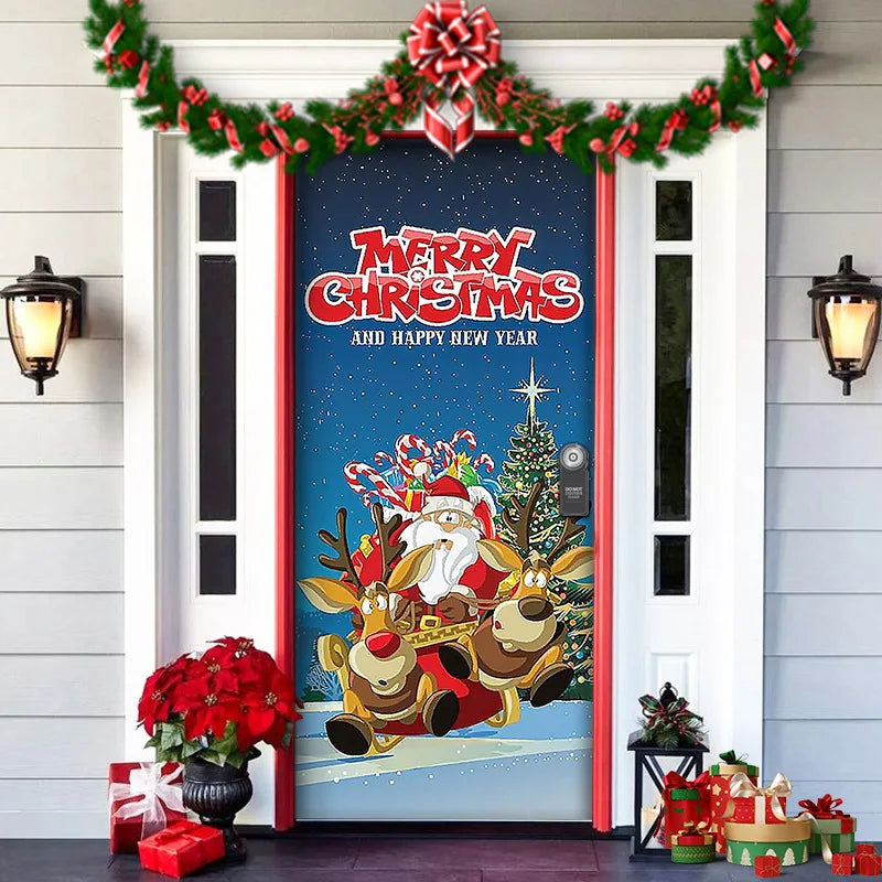 Decorative door with Christmas-themed poster featuring Santa Claus and reindeer, surrounded by festive decorations.