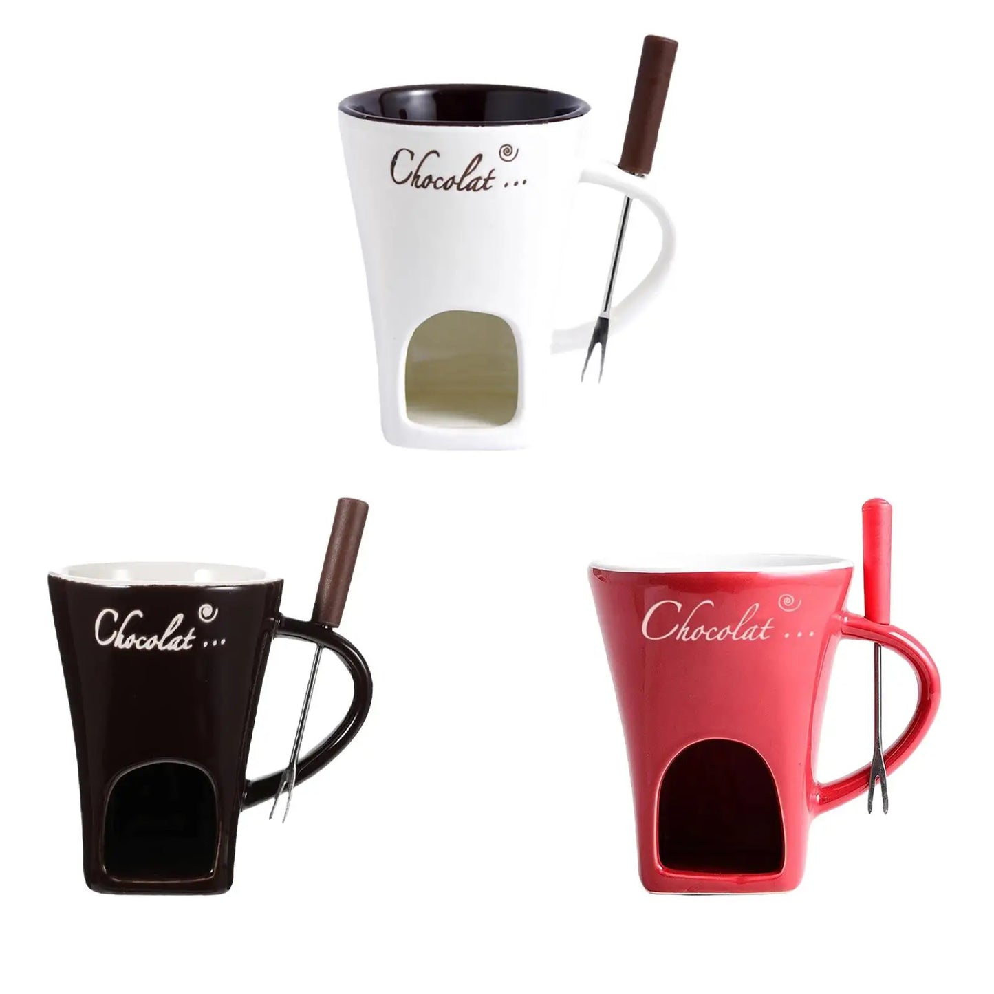 Set of three mugs in black, white, and red with 'Chocolat' branding on a white background.