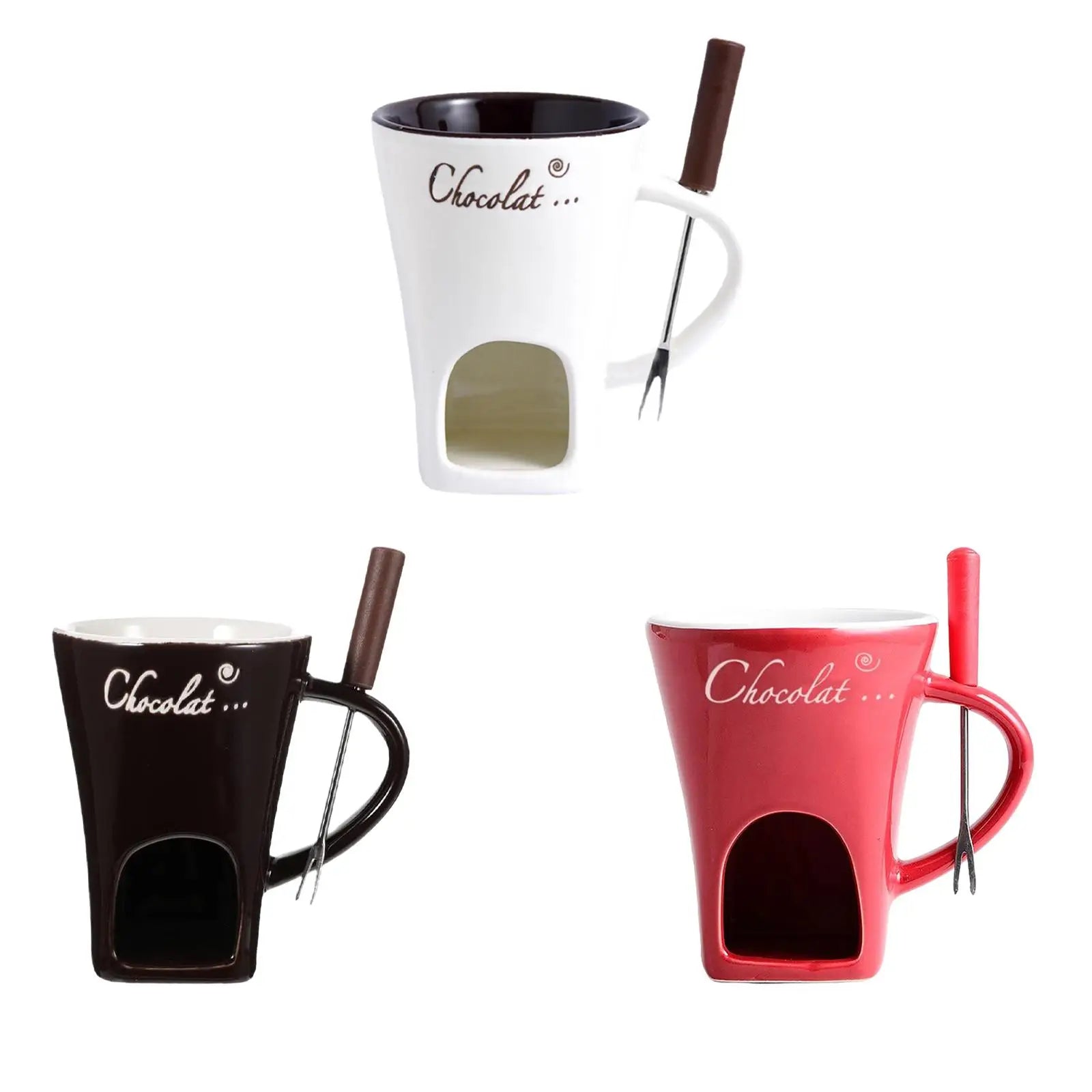 Set of three mugs in black, white, and red with 'Chocolat' branding on a white background.
