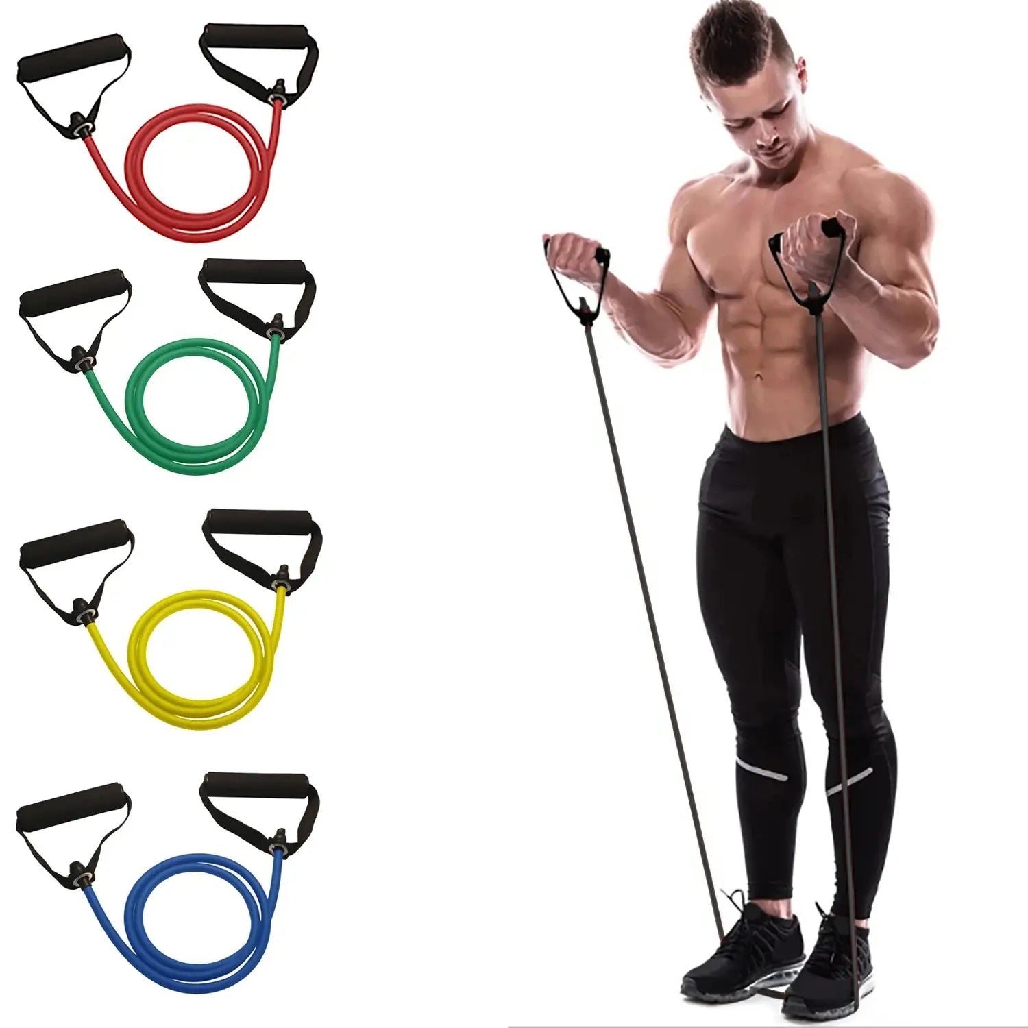 Man exercising with resistance bands on a white background