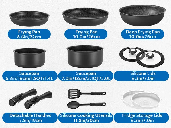 Set of black cookware including frying pans, saucepans, silicone lids, and utensils on a white background.