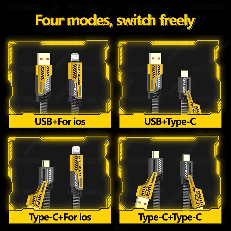 Four different cable connectors with labels for USB+For ios, USB+Type-C, Type-C+For ios, and Type-C+Type-C on a black background.