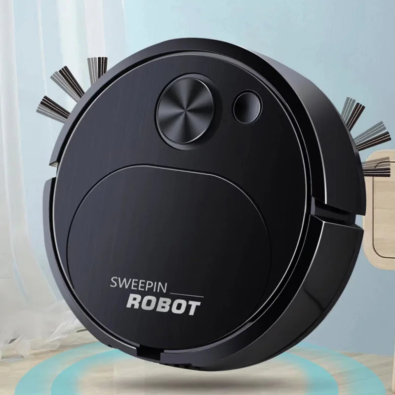 Black robot vacuum cleaner with 'Sweepin Robot' branding on a light background