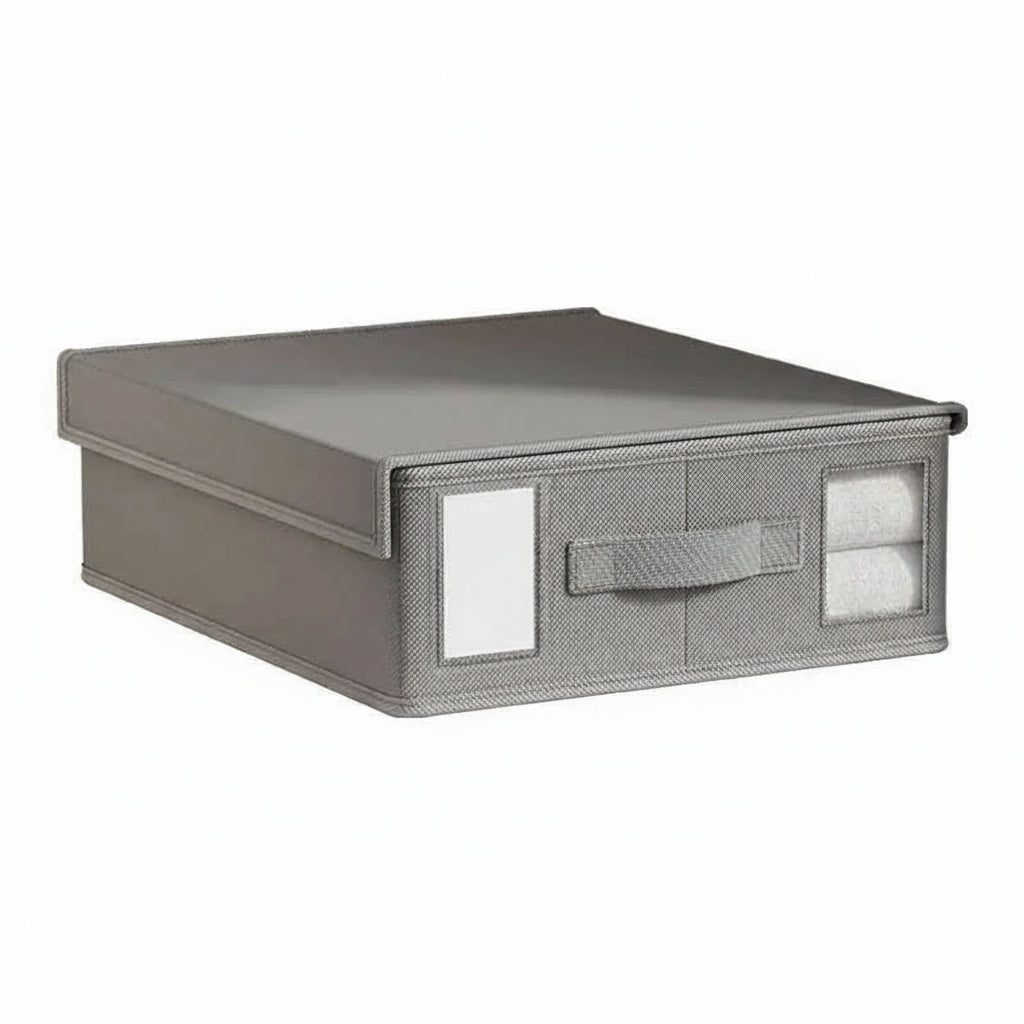 Gray storage box with a handle and label on a white background