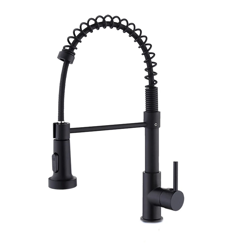 Black kitchen faucet with a pull-down sprayer on a white background