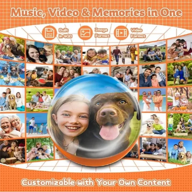 Collage of people and dogs with text about music, video, and memories on an orange background.