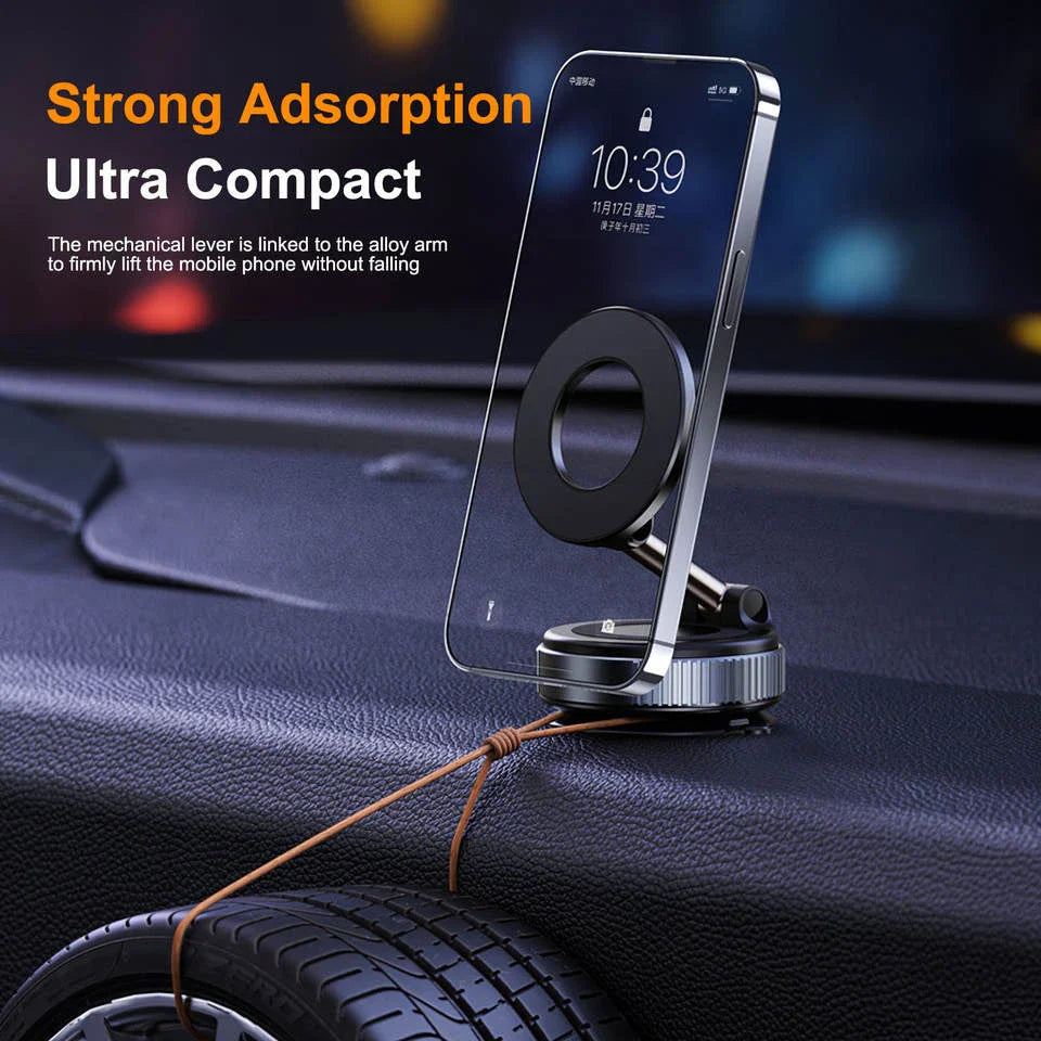 Car phone holder with strong adsorption and ultra-compact design on a car dashboard.