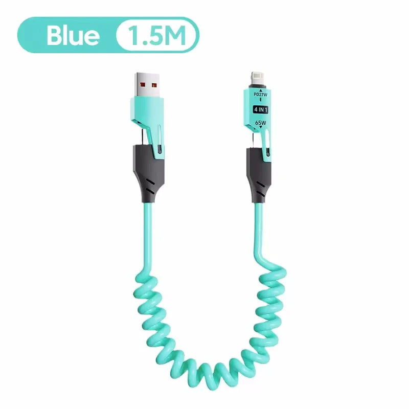 Blue spiral charging cable with connectors on a white background