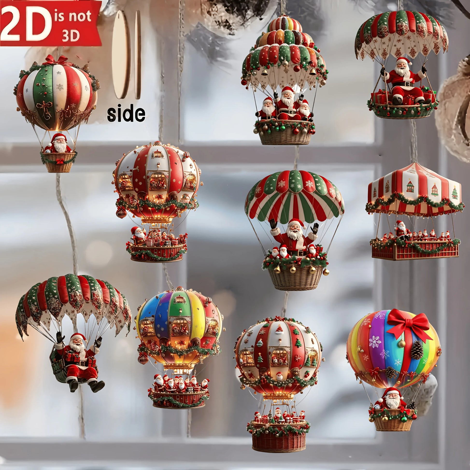 Decorative hot air balloon ornaments with Santa Claus on a white background.