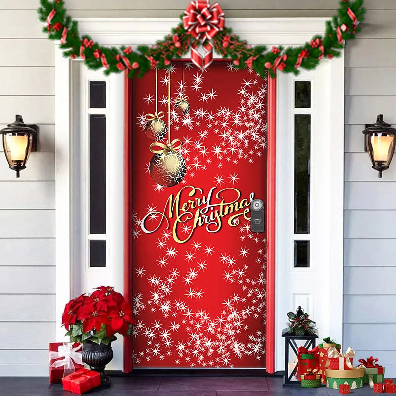Decorative red door with 'Merry Christmas' text, surrounded by festive decorations on a house exterior.