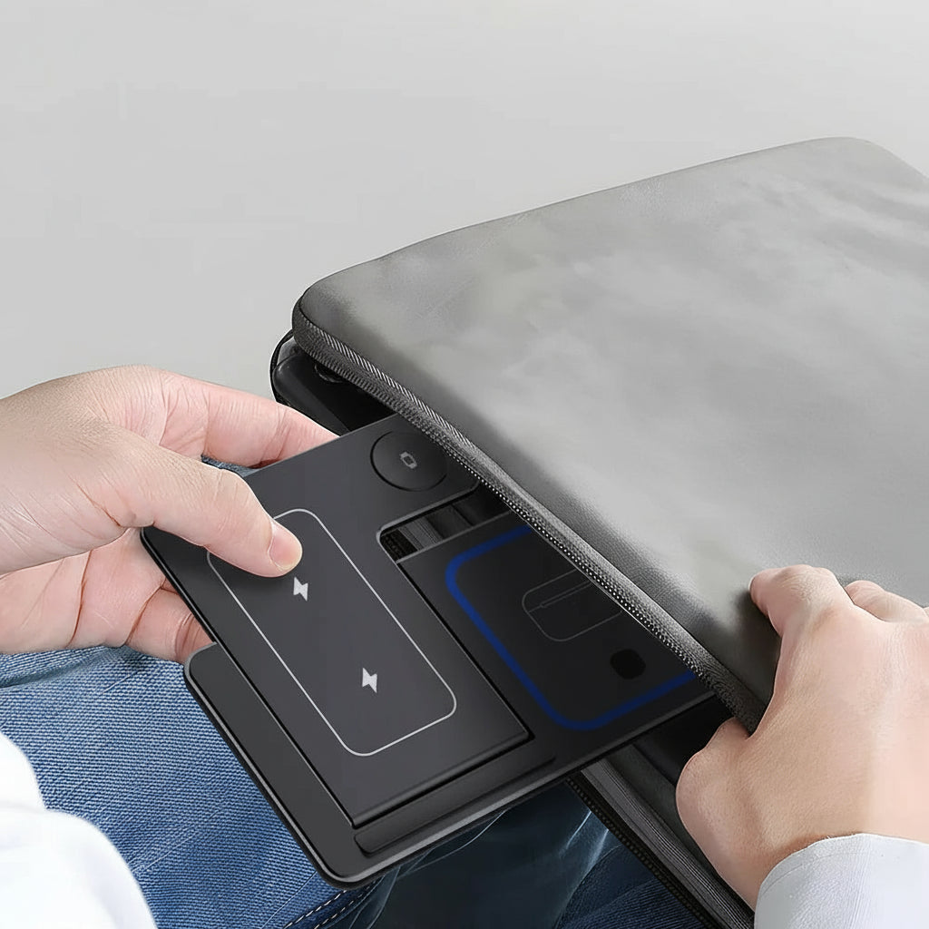 Foldable storage device being held by a person with text about its benefits.