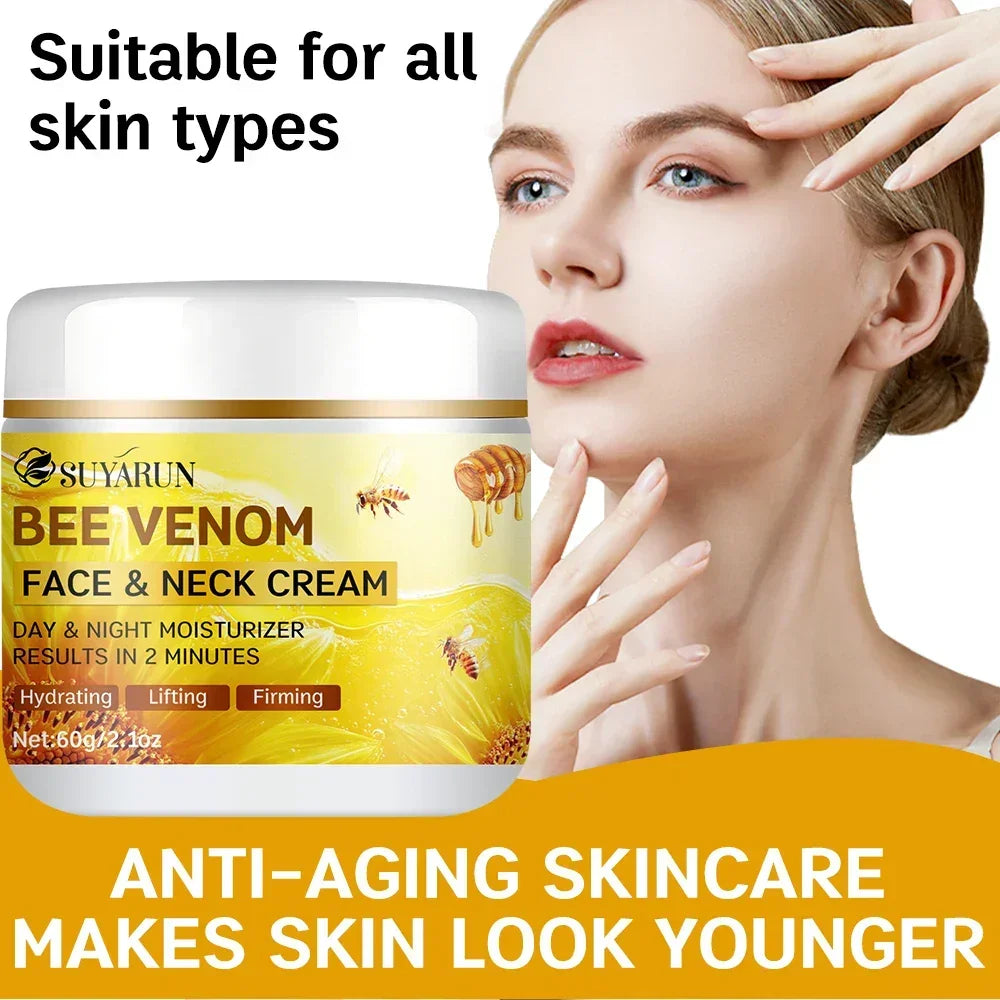 Bee venom face and neck cream with a model applying it to her face, suitable for all skin types.