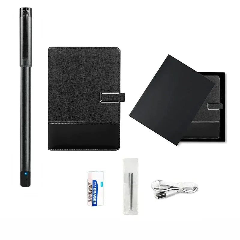 Collection of black office supplies including a pen, notebook, and clips on a white background