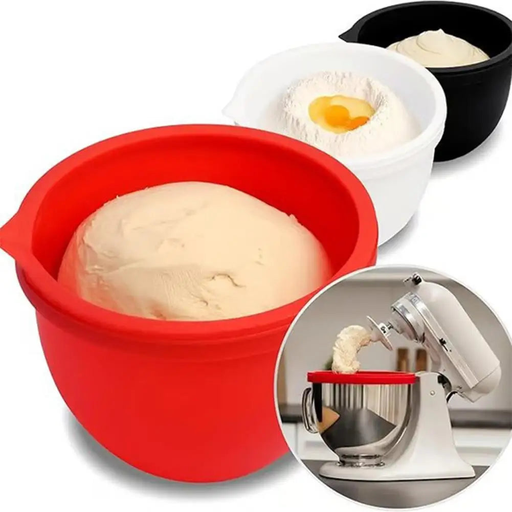 Red silicone mixing bowl with dough, inset showing use on a stand mixer.