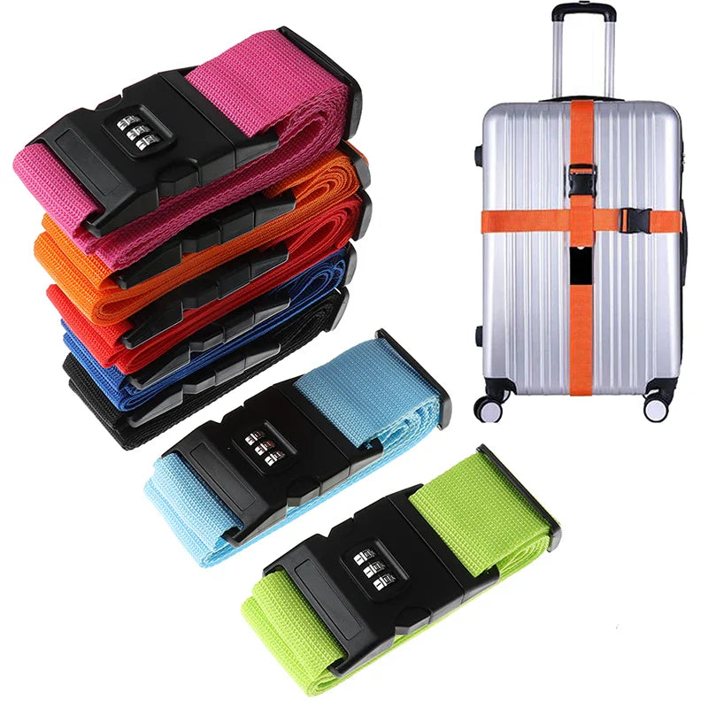 Set of colorful luggage straps with a suitcase featuring an orange strap.