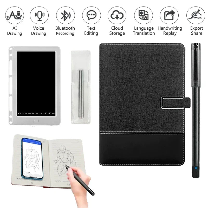 Digital drawing tablet with stylus, case, and accessories on a white background