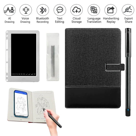 Digital drawing tablet with stylus, case, and accessories on a white background