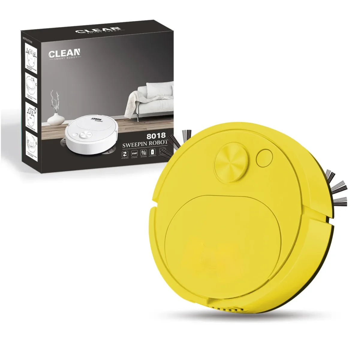Yellow robot vacuum cleaner with packaging in the background