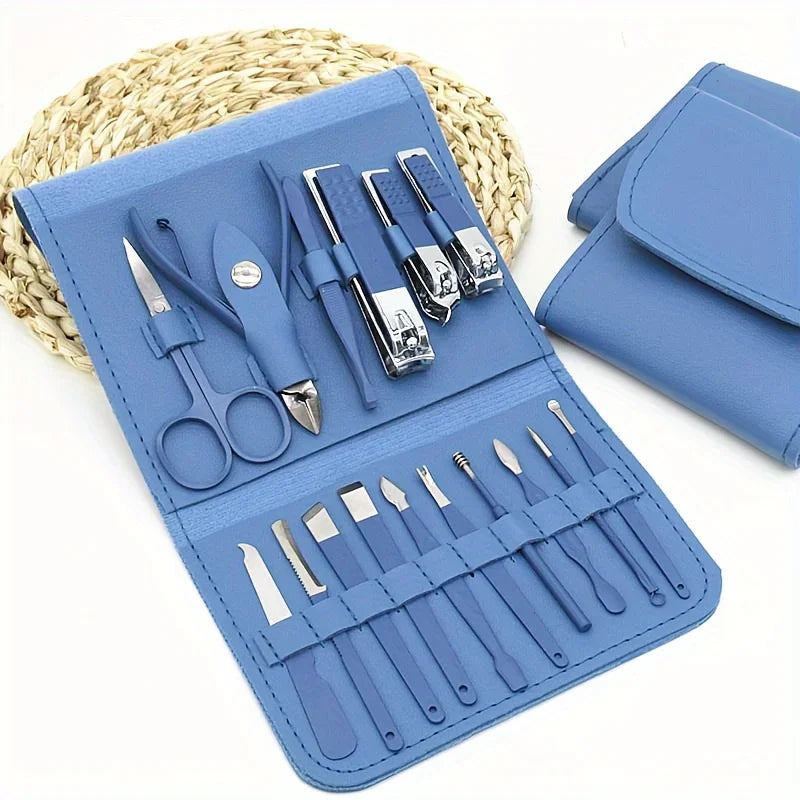 Manicure set with blue case on a white background
