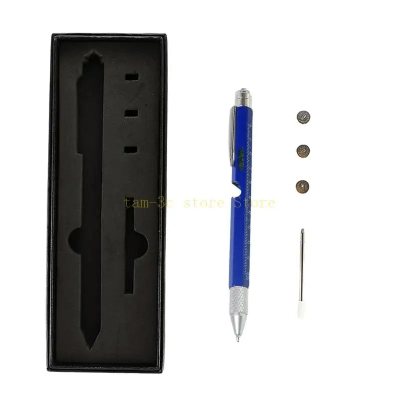 Blue pen with accessories on a white background