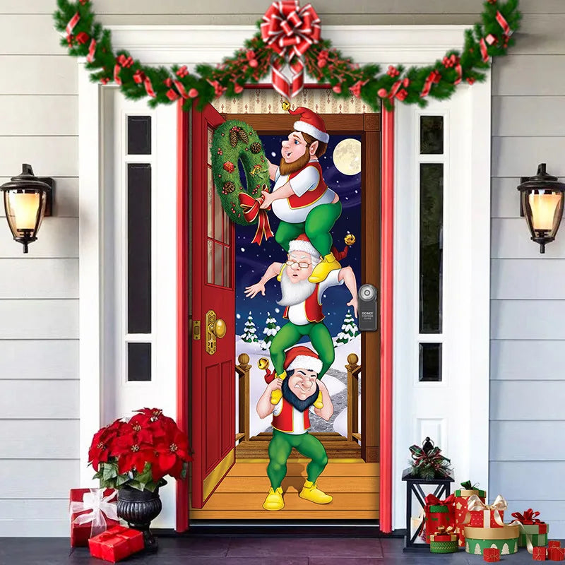 Decorative door with cartoon elves and Christmas decorations on a house exterior.
