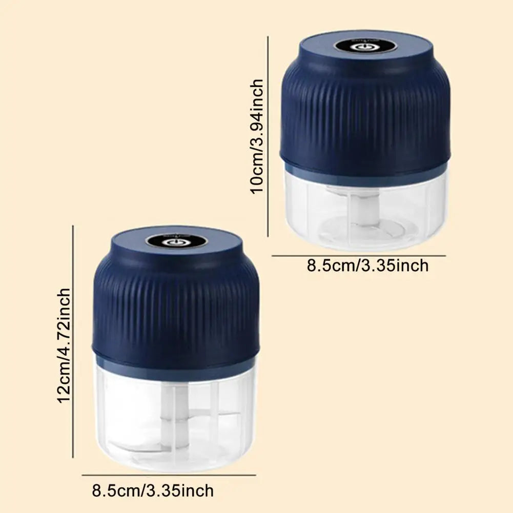 Navy blue and clear kitchen chopper with dimensions on a beige background